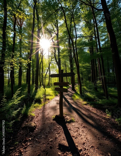 Sun-dappled forest path splits at a rustic signpost, photo, calm, path