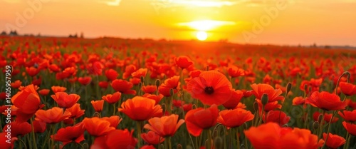 Sunset paints a field of vibrant poppies with warm, golden hues; gentle breeze rustles petals, landscape, field, rural