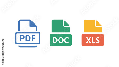 Document Icons: A set of document file type icons. Represents digital document types: PDF, DOC, and XLS. Ideal for design and presentation.