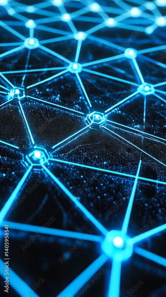 Blue glowing network structure on a dark background illustrating technology and connectivity concepts
