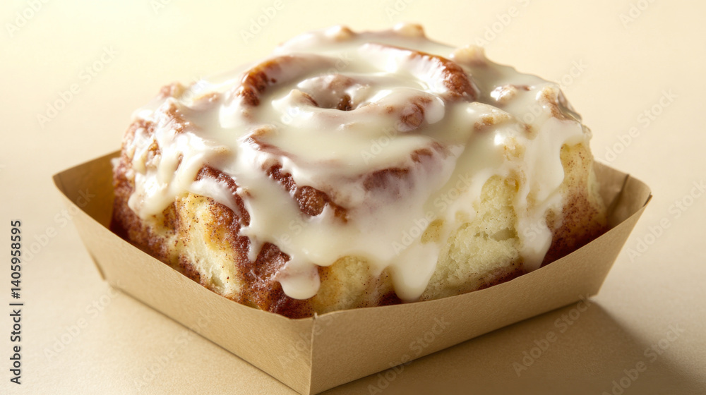 Delicious cinnamon roll topped with creamy icing served in a paper tray on a light background
