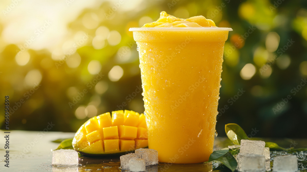 Refreshing mango smoothie served in a clear cup accompanied by fresh mango pieces on a sunny afternoon