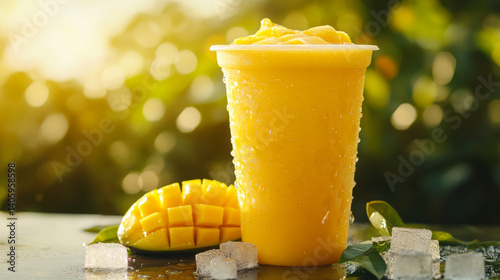 Obraz na płótnie Refreshing mango smoothie served in a clear cup accompanied by fresh mango pieces on a sunny afternoon w salonie