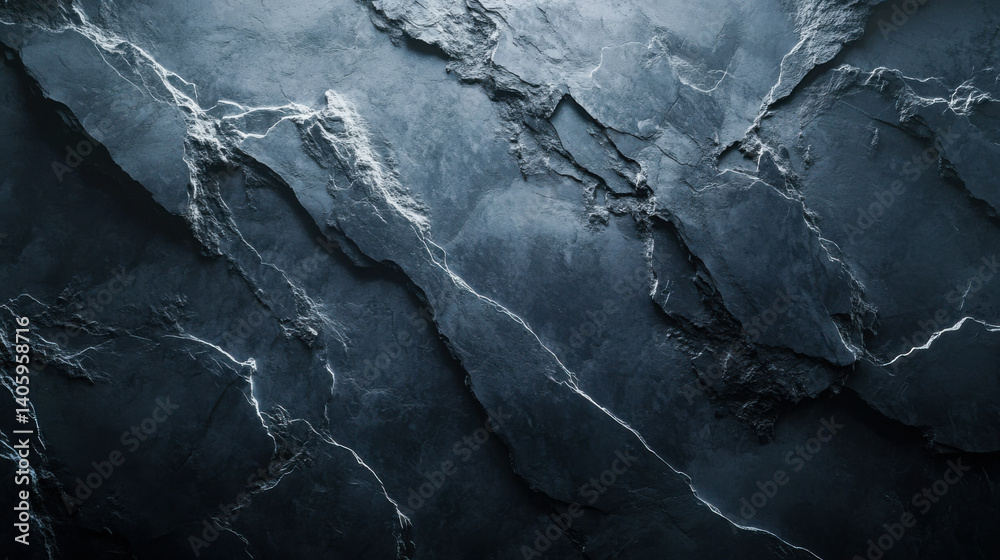 Textured black stone surface with intricate light veins reflecting natural beauty