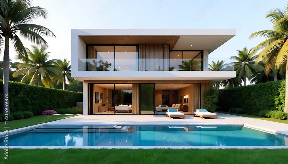 Fototapeta premium Modern House With Pool in Front ,Modern Luxury House With Private Swimming Pool created with generative ai. 