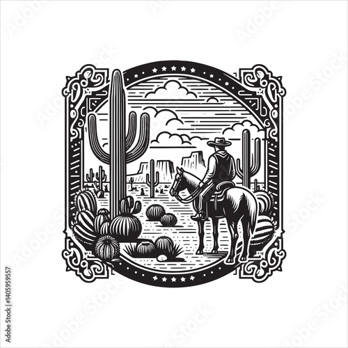 Wild West Scene with Cowboy and Saloon at Dusk