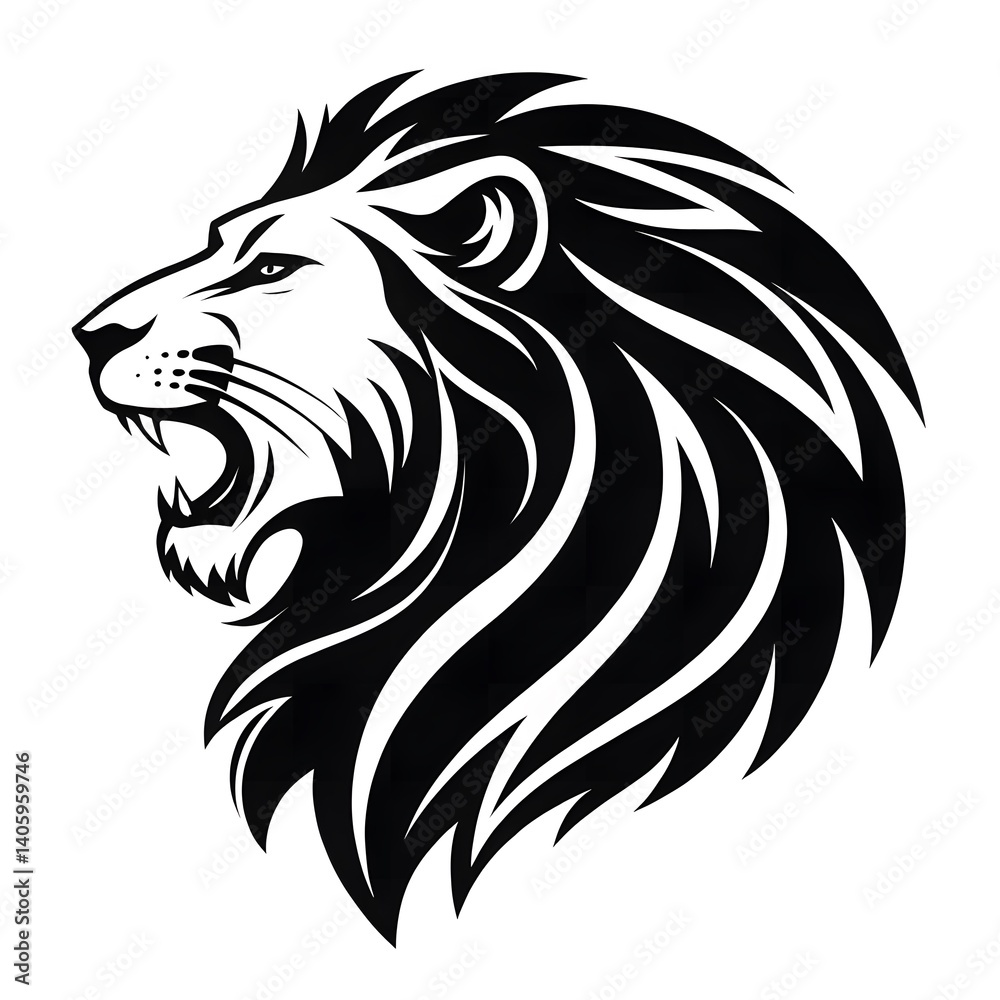 Fototapeta premium A majestic wild lion head logotype illustration, a black art symbol, and a white background.