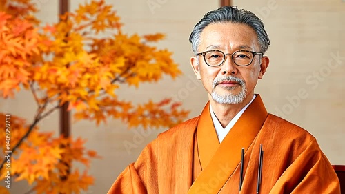 Autumn portrait, serene elder, kimono, Japanese home, calm background