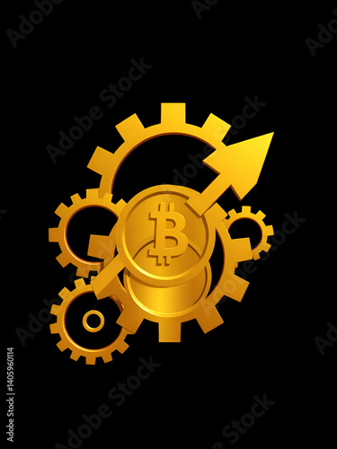 Gold-colored gears intertwined with a coin and an arrow pointing right, symbolizing financial growth, prosperity, and strategic business decisions in a bold, modern design.