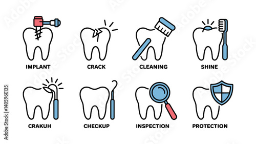 Dental Care Icons: A set of eight colorful and informative vector icons depicting various aspects of dental care, including implants, cracks, cleaning, shine, extractions, checkups, inspections.