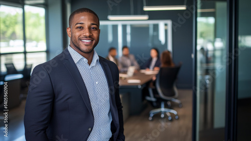 A professional photograph capturing a confident man in business attire standing at the forefront of a sleek, modern office environment.  Generative AI