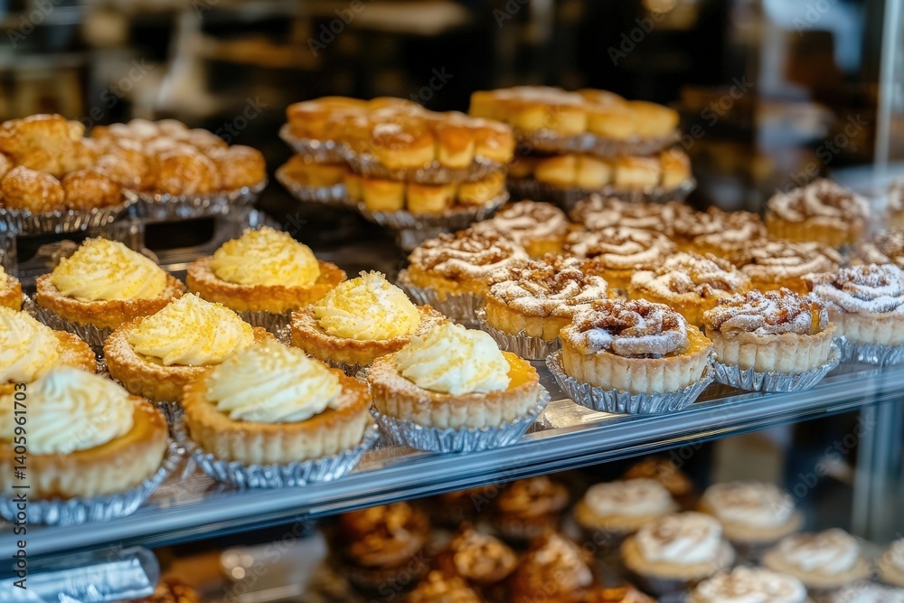 Traditional custard tarts with powdered sugar and cream
Traditional custard tarts with powdered sugar and cream