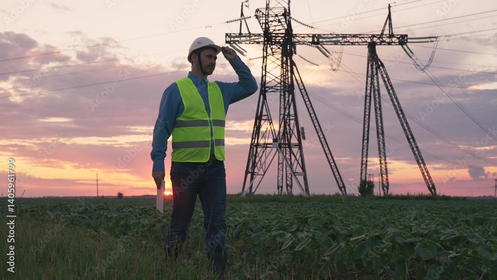 custom made wallpaper toronto digitalSilhouette of an electrical engineer in hard hat at sunset with tablet. business technology industry. concept electrical voltage tower towers. high voltage substation with distribution cables. energy.