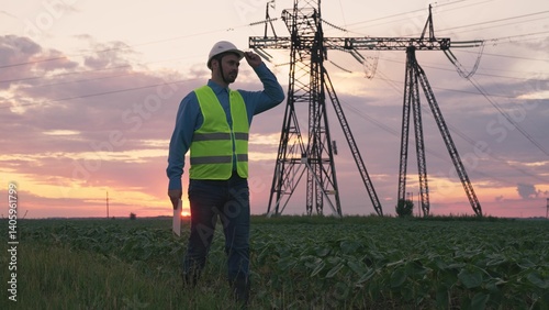 Silhouette of an electrical engineer in hard hat at sunset with tablet. business technology industry. concept electrical voltage tower towers. high voltage substation with distribution cables. energy.