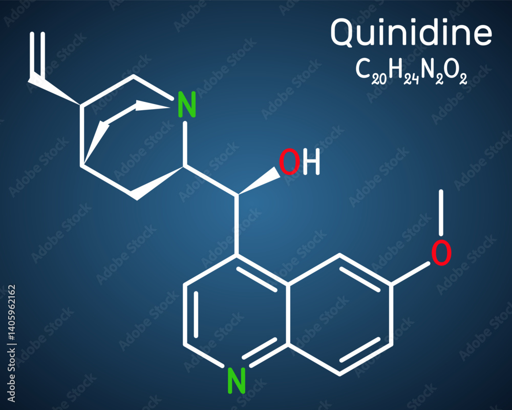 Fototapeta premium Quinidine molecule. An antiarrhythmic drug, cyp2d6 inhibitor. Structural chemical formula, dark blue background