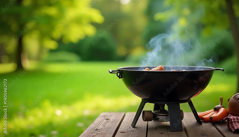 BBQ stove summer background with the blurred green garden and picnic or BBQ in the background created with generative ai.
BBQ stove summer background with the blurred green garden and picnic or BBQ in the background created with generative ai.