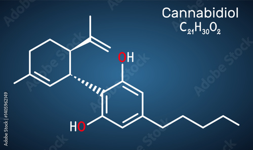 Cannabidiol, CBD molecule. Phytocannabinoid, structural chemical formula, dark blue background