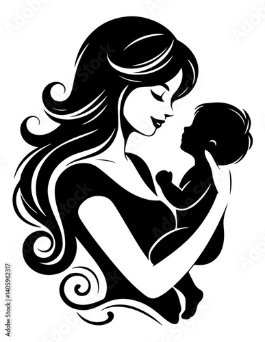 Black silhouette illustration of loving mother holding newborn baby in her arms symbolizing motherhood, child birth, parental care, maternal bond and celebration of Mother's Day