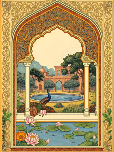 96.An ornate Mughal pichwai art-inspired illustration for wallpaper, featuring a detailed garden scene with a peacock by a lotus pond, framed by an elaborate arch. The design is rich in traditional