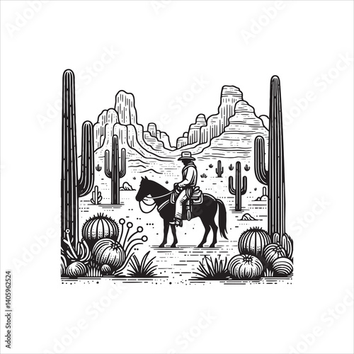 Wild West Scene with Cowboy and Saloon at Dusk