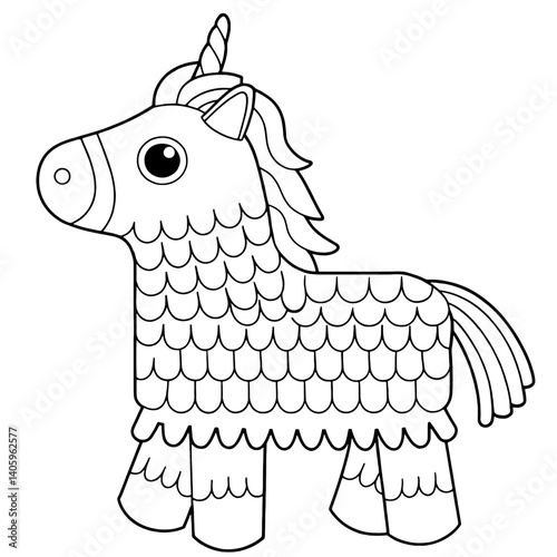 Line Art of Unicorn-Shaped Piñata for Kids, Children's coloring book. Traditional Hollow Party Toy for Celebrations, Filled with Treats, Fun Surprise Game. of papier-mâché or lightweight wrapping pape