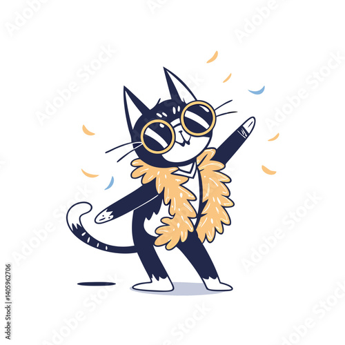 Playful cat dancing joyfully in sunglasses and a colorful lei  