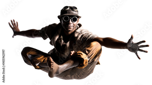 Dynamic performer with stylish glasses and unique attire in mid air