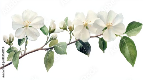 Elegant Jasmine Branch with White Flowers and Green Leaves Watercolor Painting