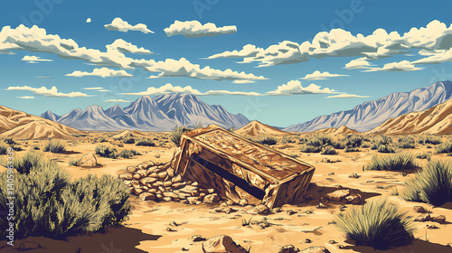 Eroded relic of forgotten grandeur embedded in vast desert landscape. Heavenforged Relic. Illustration