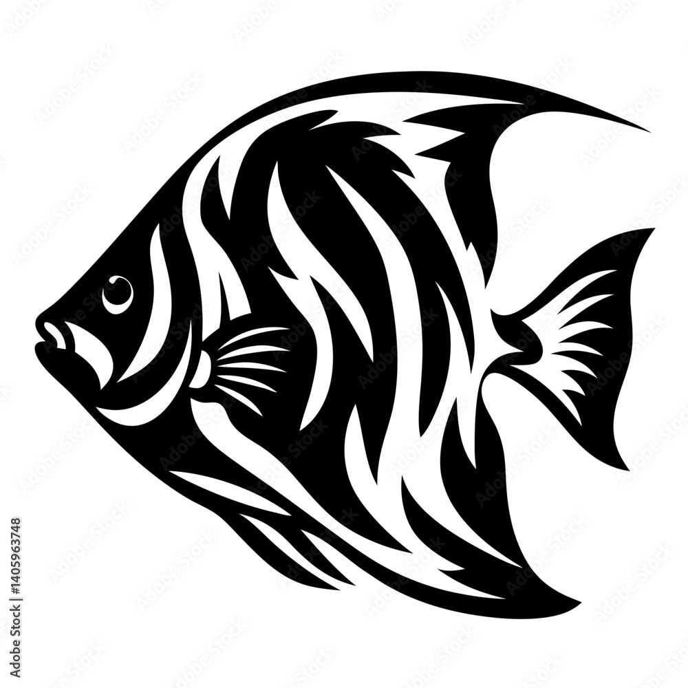 Naklejka premium Striking Black and White Angelfish Illustration Tribal Style Aquatic Life Design