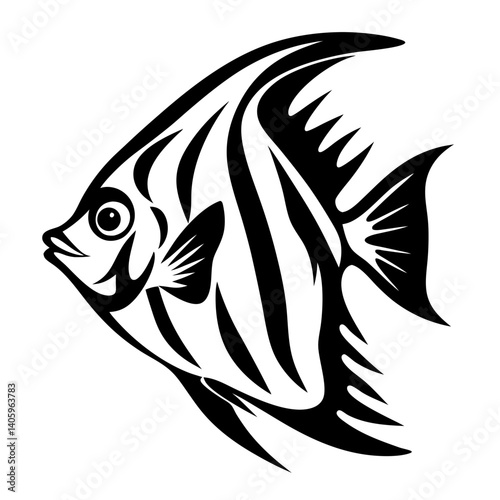 Striped Angelfish Aquatic Life Black and White Illustration Fish Design Tropical Ocean Animal