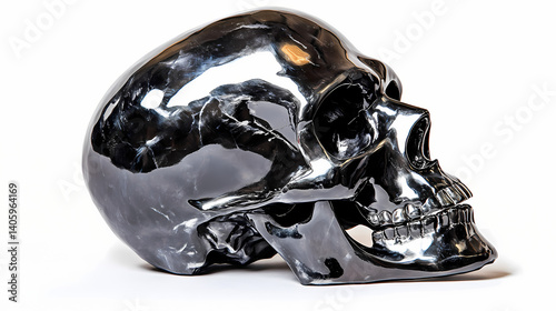 Skull made of blackened steel with a metallic sheen, black, shiny. Void-Touched Steel. Illustration photo