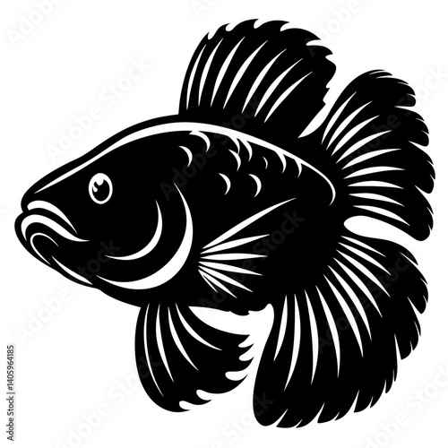 Black and White Illustration of a Majestic Betta Fish with Flowing Fins