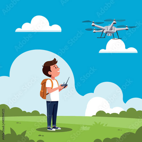 Young boy controlling a drone in a lush green landscape with vibrant blue skies in a flat vector illustration
