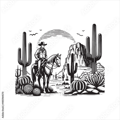 Wild West Scene with Cowboy and Saloon at Dusk