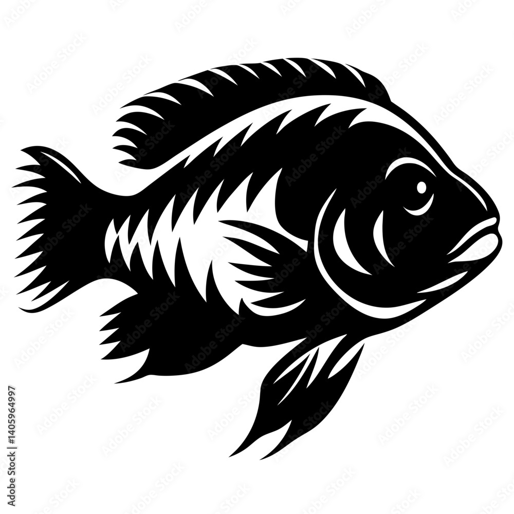 Naklejka premium A stylized black and white illustration of a cichlid fish with sharp fins and detailed scales