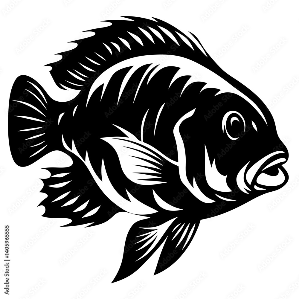 A Stylized Black and White Illustration of a Tilapia Fish with Intricate Details A Stylized Black and White Illustration of a Tilapia Fish with Intricate Details