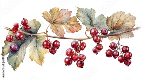 Detailed Watercolor Painting of Red Currants with Leaf - Artistic Home Decor