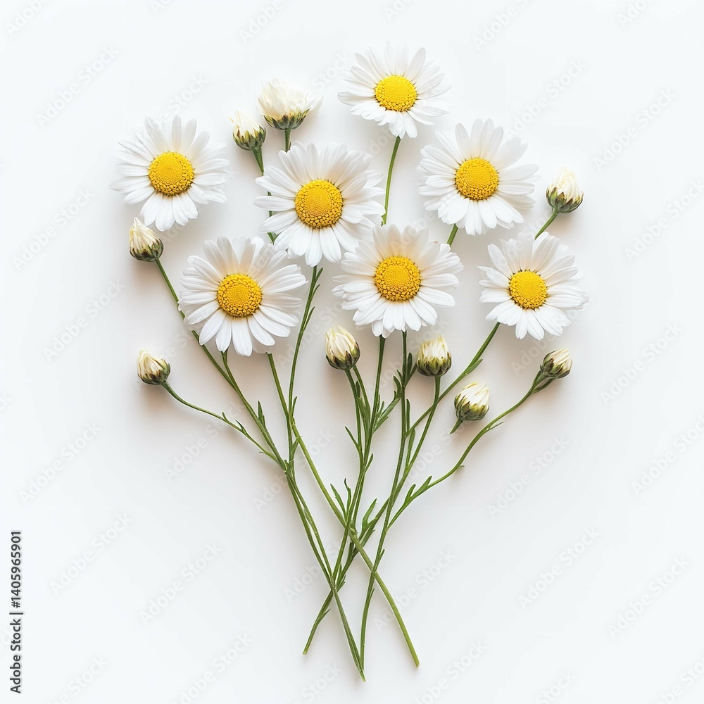 Obraz premium Elegant Daisy Arrangement: A Clean Illustration of White Daisies with Yellow Centers and Green Stems on a White Surface.
