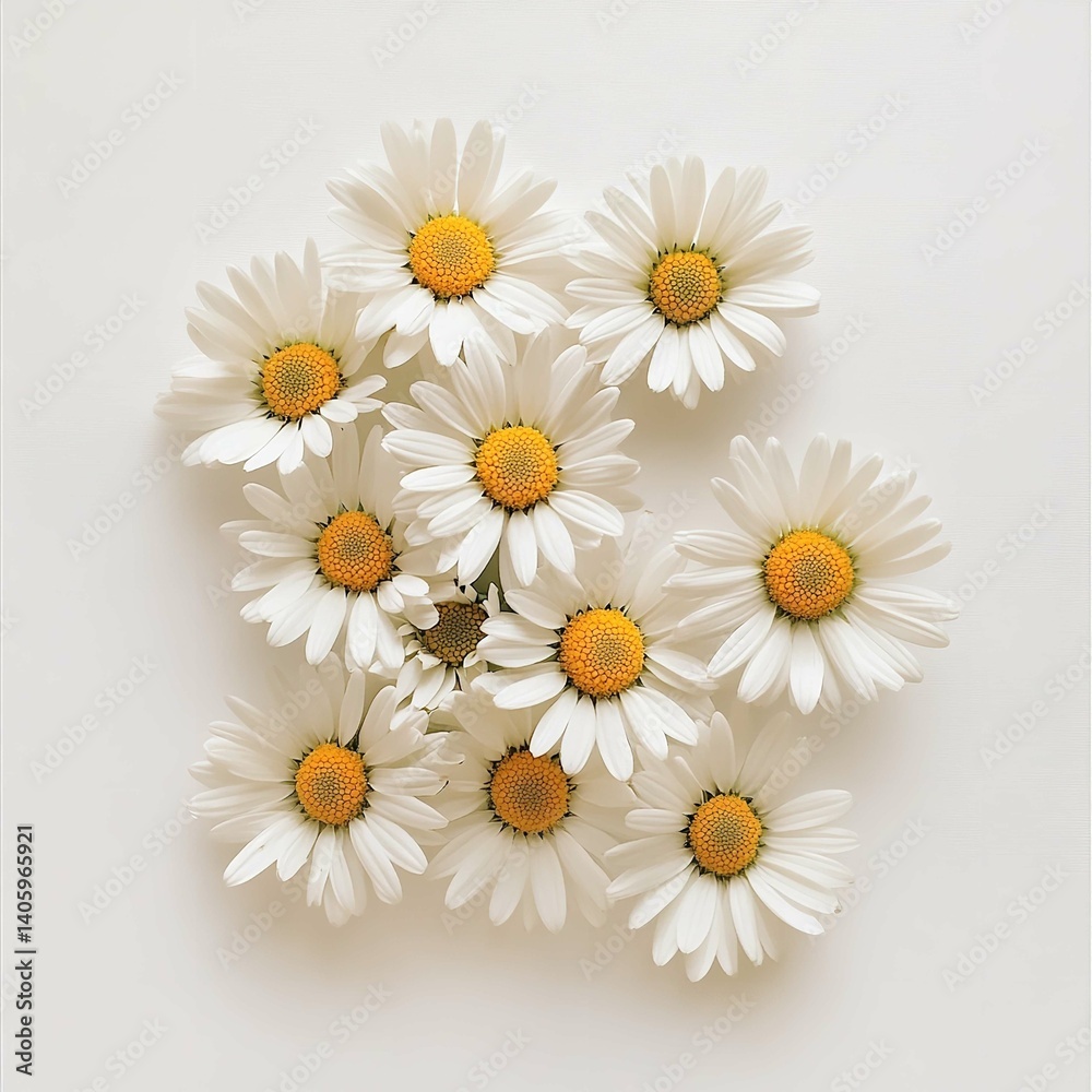 Obraz premium Daisy Delight Cluster: A Cheerful Illustration of a Group of White Daisies with Bright Yellow Centers on a Light Background.