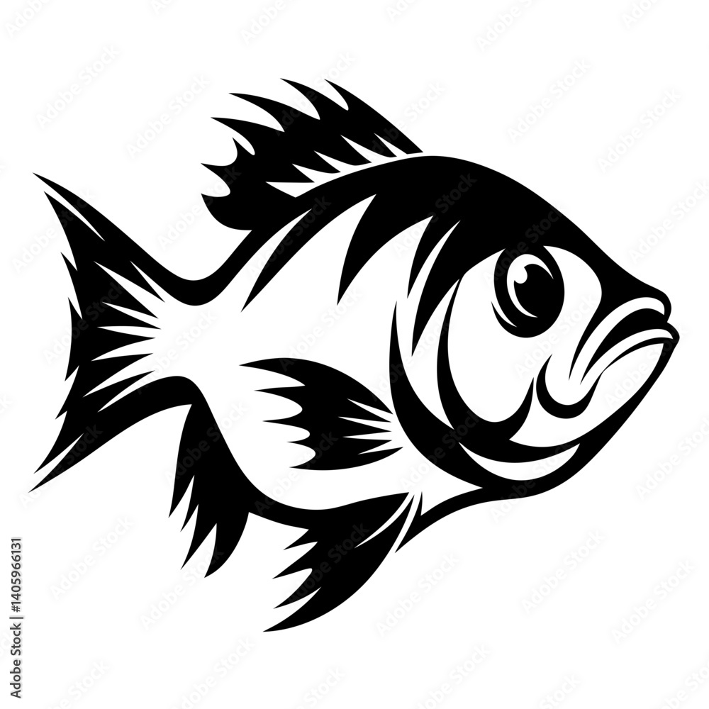 Naklejka premium Stylized Black and White Fish Illustration Tribal Aquatic Animal Design Graphic Art