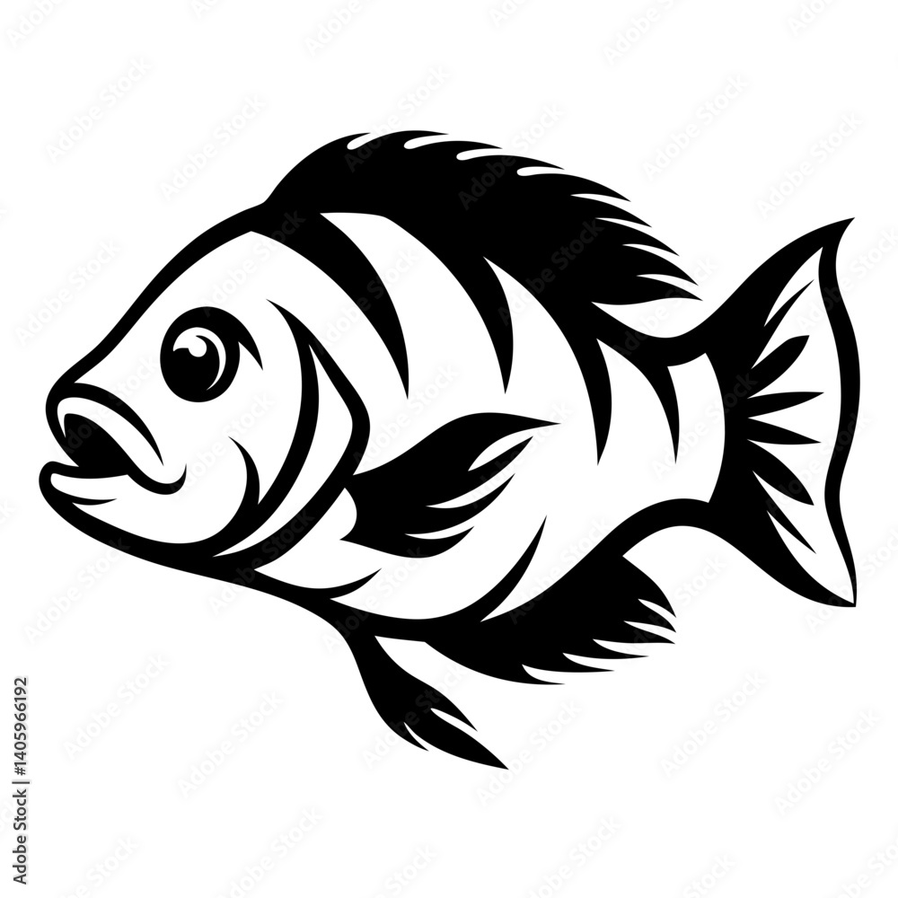 Naklejka premium Stylized Black and White Illustration of a Cichlid Fish Aquatic Animal