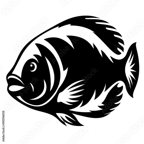 A stylized black and white illustration of a fish a cichlid possibly a tilapia or similar species with bold lines and a tribal or graphic design aesthetic