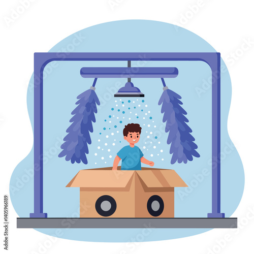 A cheerful boy enjoying playtime inside a cardboard box under a playful shower of colorful bubbles in a minimal vector illustration