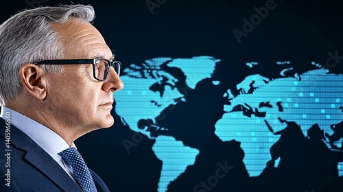 Global Businessman Contemplating Digital World Map