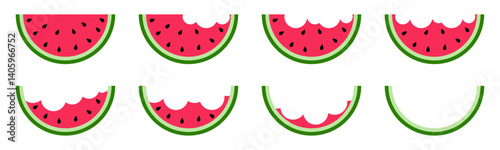 Progressive watermelon slice eating stages. Fun cartoon fruit icons of a watermelon being eaten step by step. Summer food concept isolated on white background. Vector illustration.