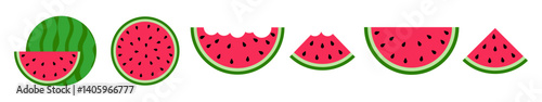 Watermelon slice variations set. Whole and cut watermelon pieces with bites, triangular and semicircular shapes, cartoon flat vector icons for summer fruit concepts. Isolated on White Background.