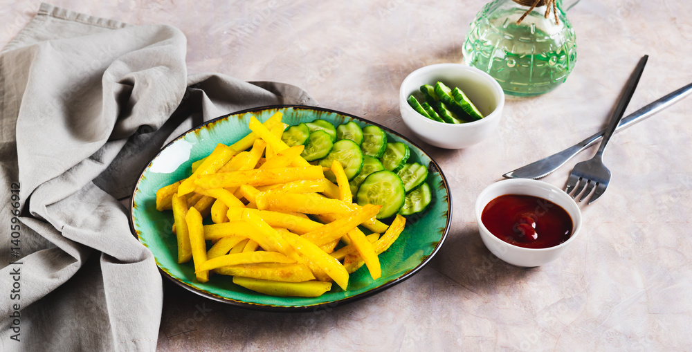 Appetizing French fries and cucumber slices on a plate on the table web banner