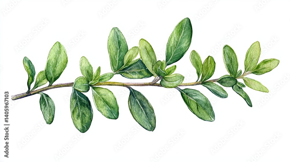Fototapeta premium Detailed Watercolor Painting of Green Thyme Leaf on Branch