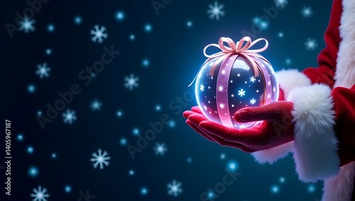Sleek and modern holiday scene featuring a cyber-Santa’s glowing hands and a futuristic gift pod—perfect for sci-fi posters, tech greetings, and digital banners.